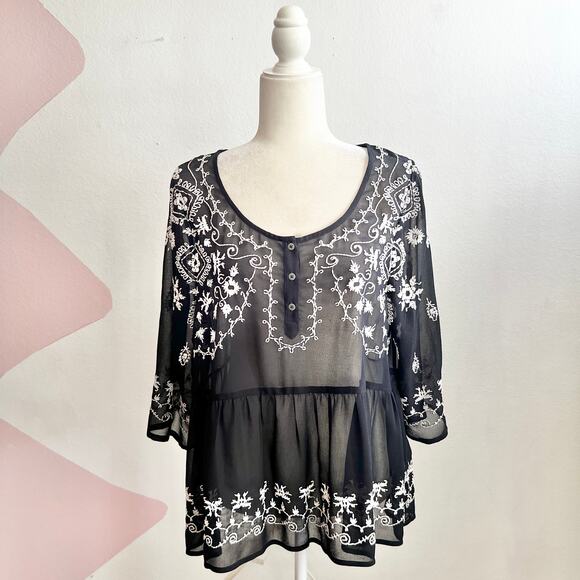 Free People Tops - Free People Embroidered Sheer Peplum Top Boho Bohemian Cottagecore Hippie Large